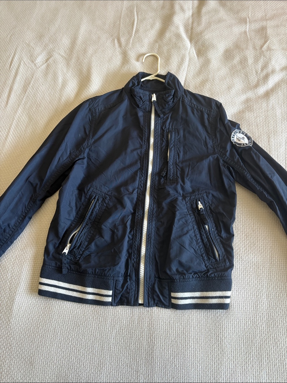 Navy Lightweight Zip-Up Bomber Jacket with Striped Hem